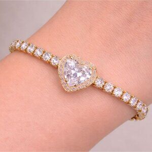 Vintage Swarovski Crystal Heart Bracelet Adjustable Tennis Gold Overlay Slider